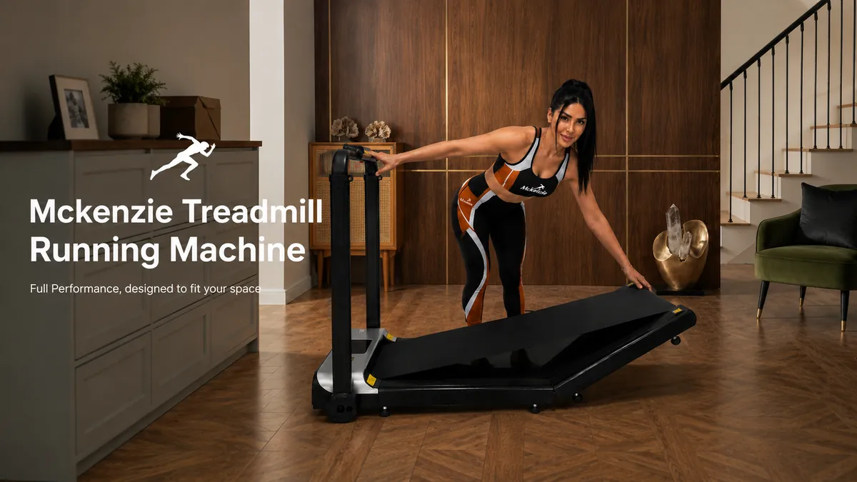 Mckenzie Treadmill Running Machine — woman unfolding a foldable treadmill in a living room