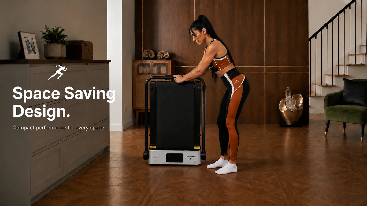 Space Saving Design — Mckenzie treadmill folded compact next to a woman