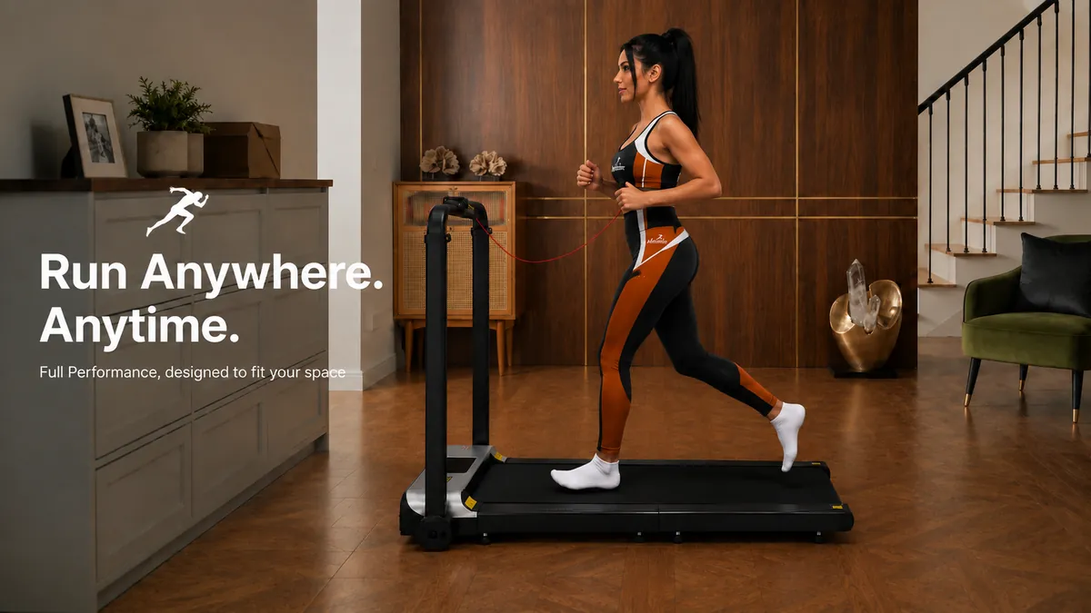 Run Anywhere. Anytime. — woman jogging on a Mckenzie foldable treadmill